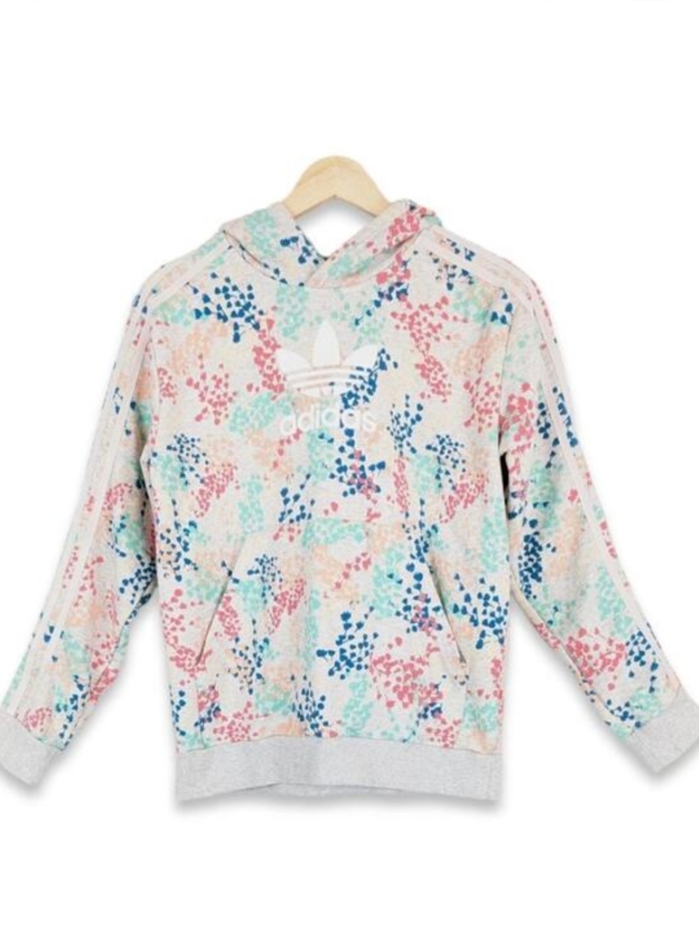 Adidas Floral Trefoil Graphic Hoodie Sweatshirt Girls Large Gray Multi Hooded‎